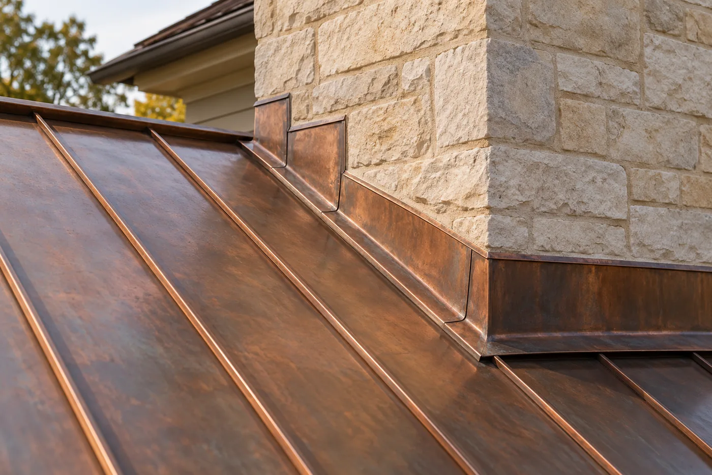 Weathered copper roof panels and flashing beside a limestone chimney