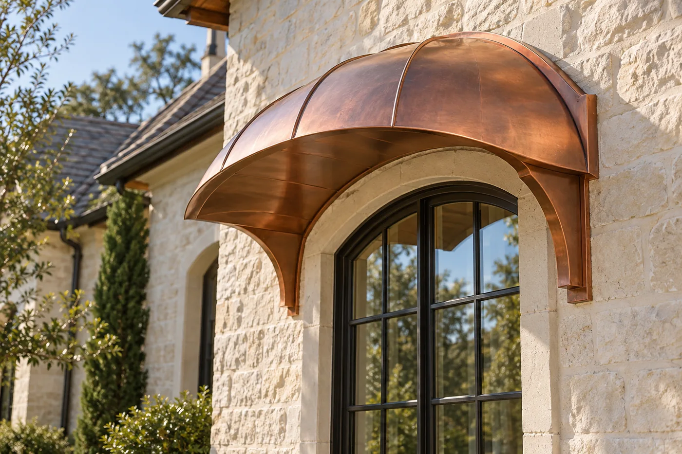 Curved copper canopy above an arched window on a limestone wall